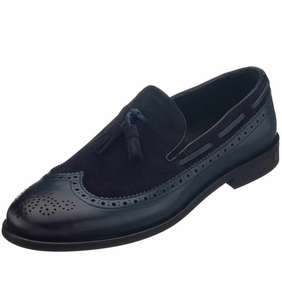 USNV1930 Navy Blue Aniline Leather King Size Men's Wingtip Tassel Loafer Shoes