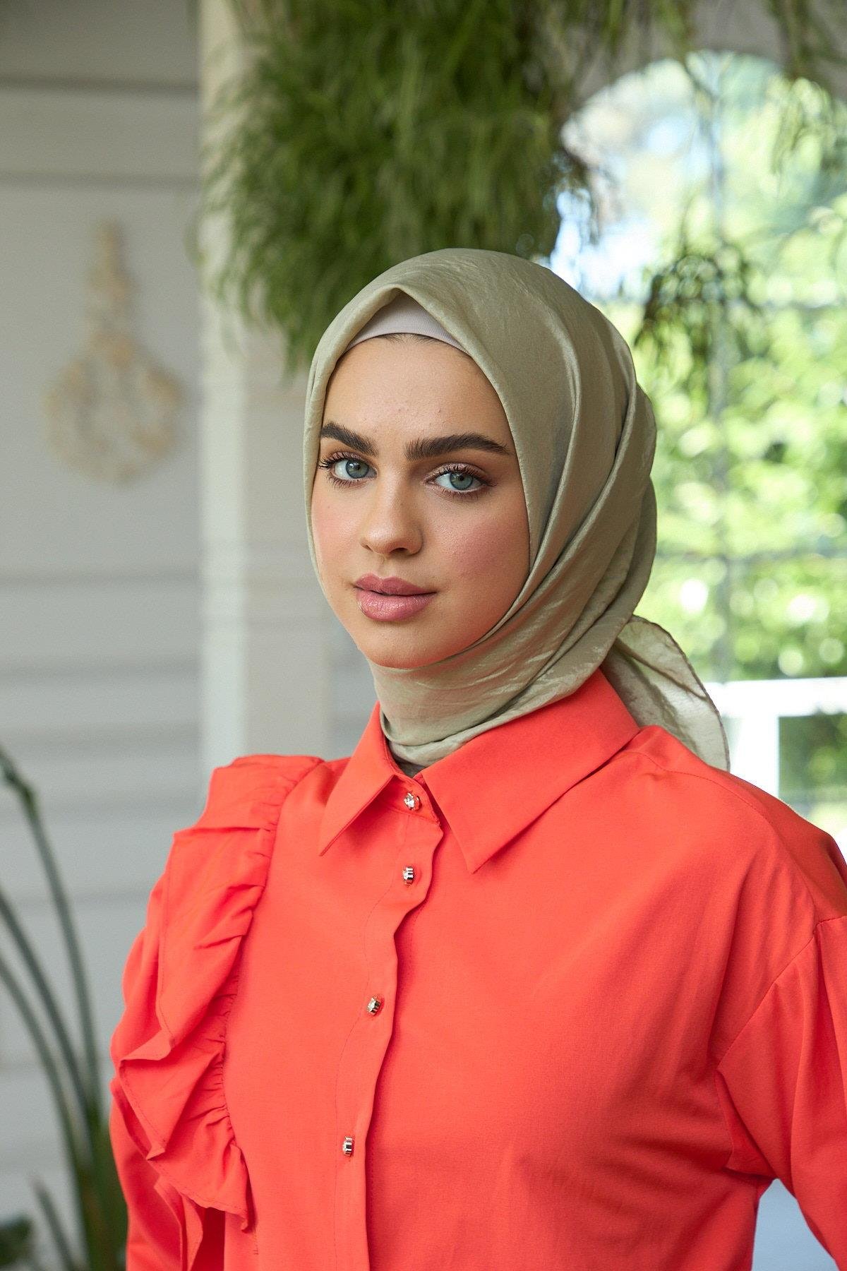 Düz Desen Vual Eşarp Açık Haki Vual İpek Eşarp -  10100-19