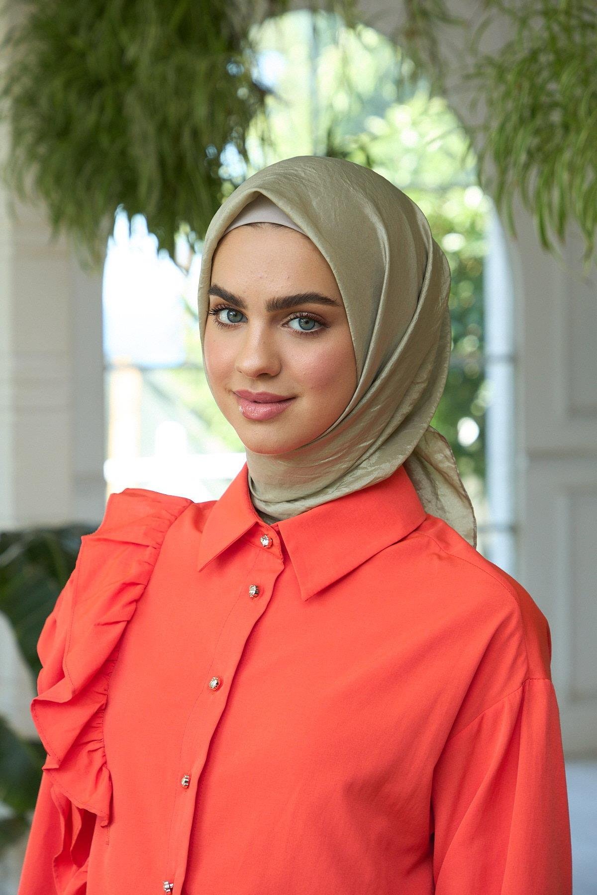 Düz Desen Vual Eşarp Açık Haki Vual İpek Eşarp -  10100-19