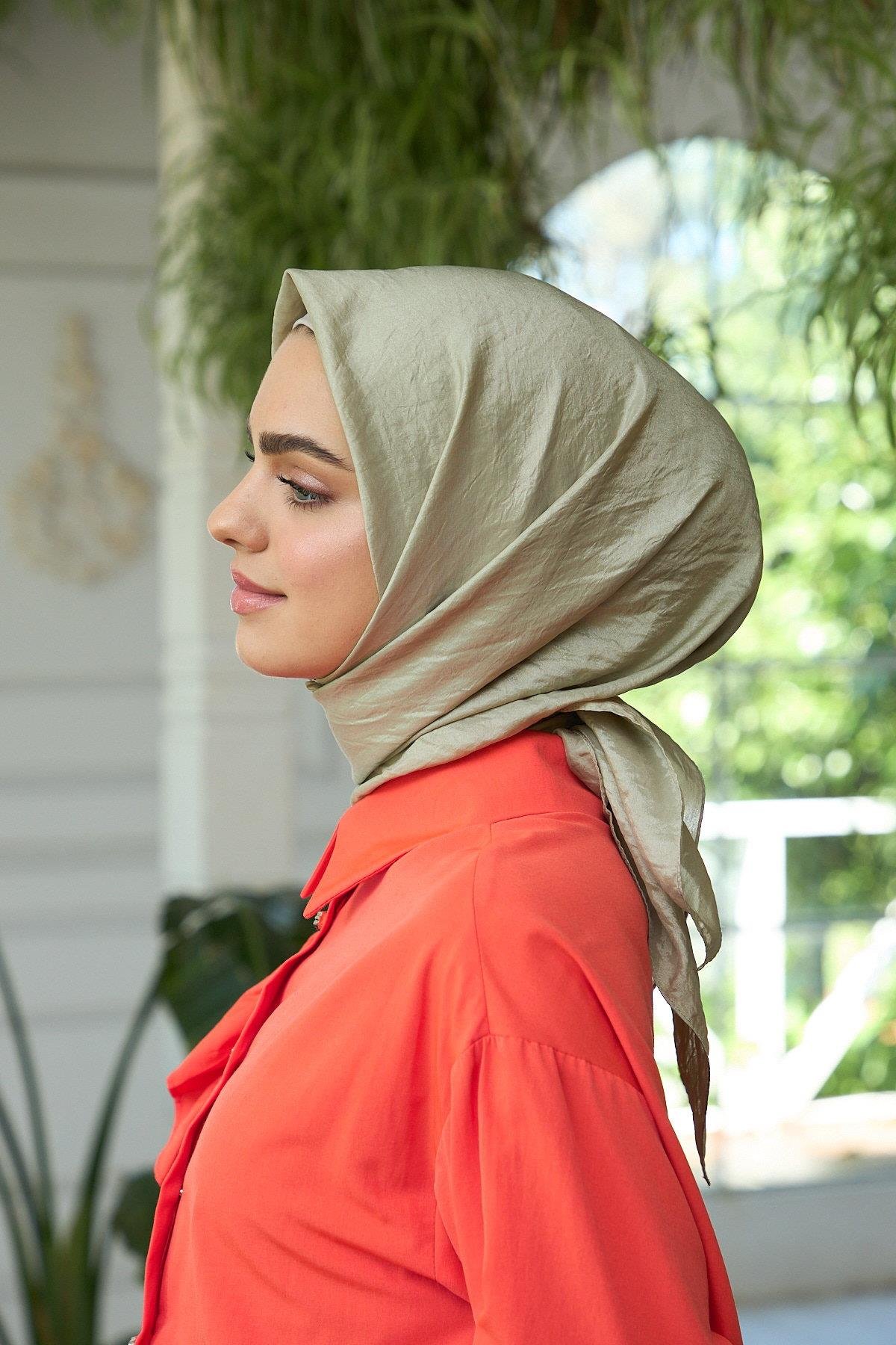 Düz Desen Vual Eşarp Açık Haki Vual İpek Eşarp -  10100-19