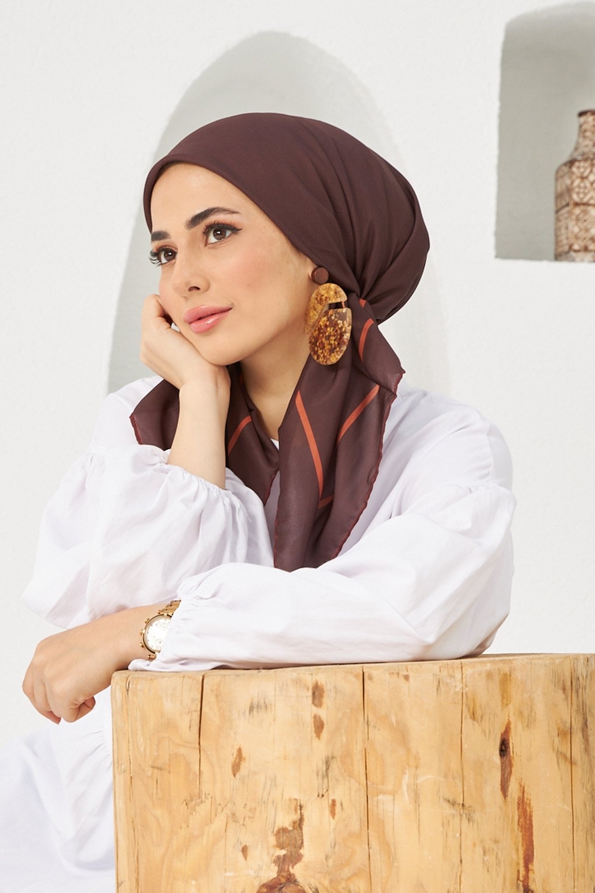 Düz Desenli Acı Kahve  Pamuk Viskon Eşarp