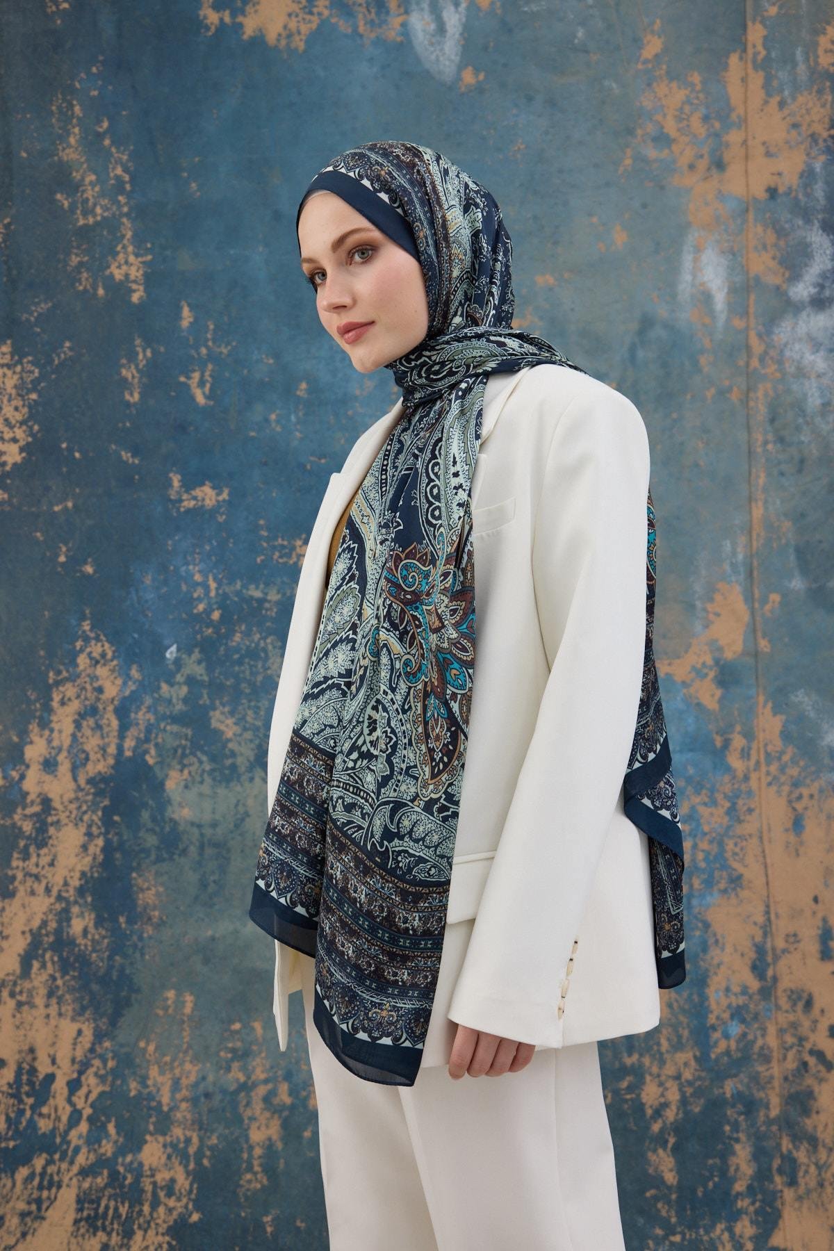 Lacivert Hint Vual Şal -  5007-04