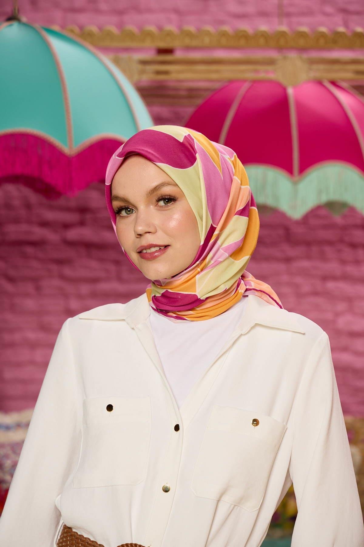 Marrakech  Koleksiyon Soft Eşarp Koyu Pembe Krem 1198-07