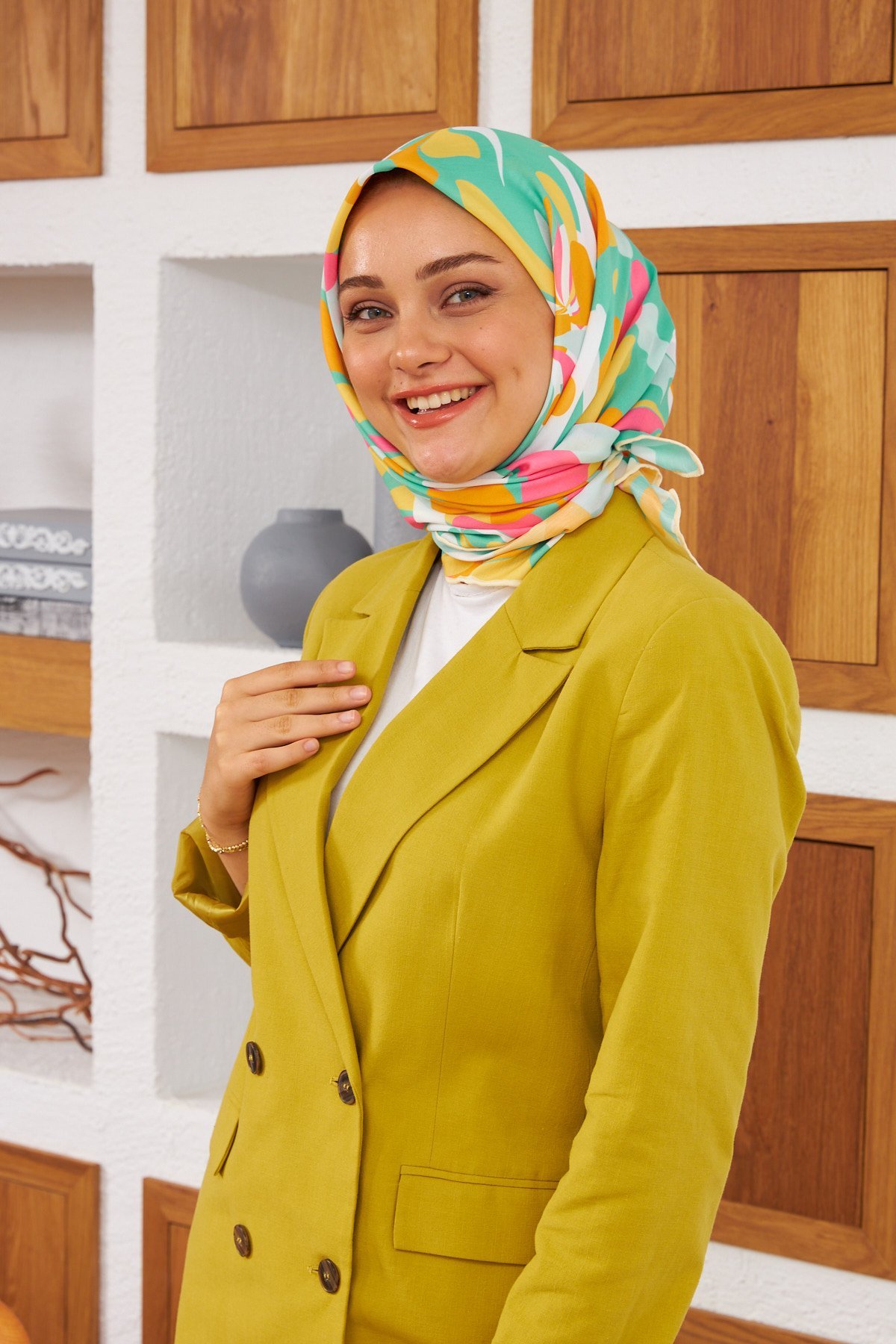 Nature Pearl Soft Eşarp Yeşil Turuncu 1143-07