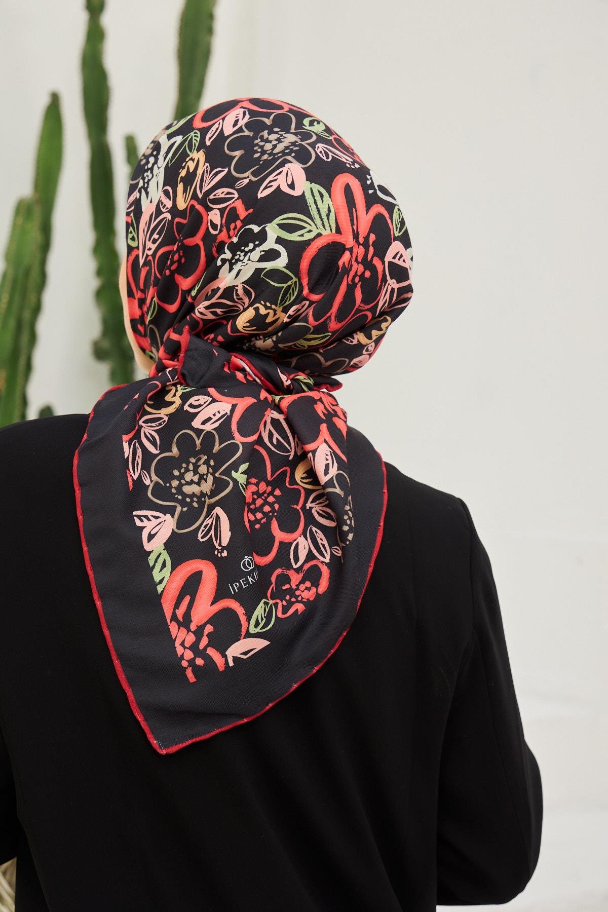 Pastel Desen Pamuk Viskon Eşarp Modeli Siyah Kırmızı 1104-20