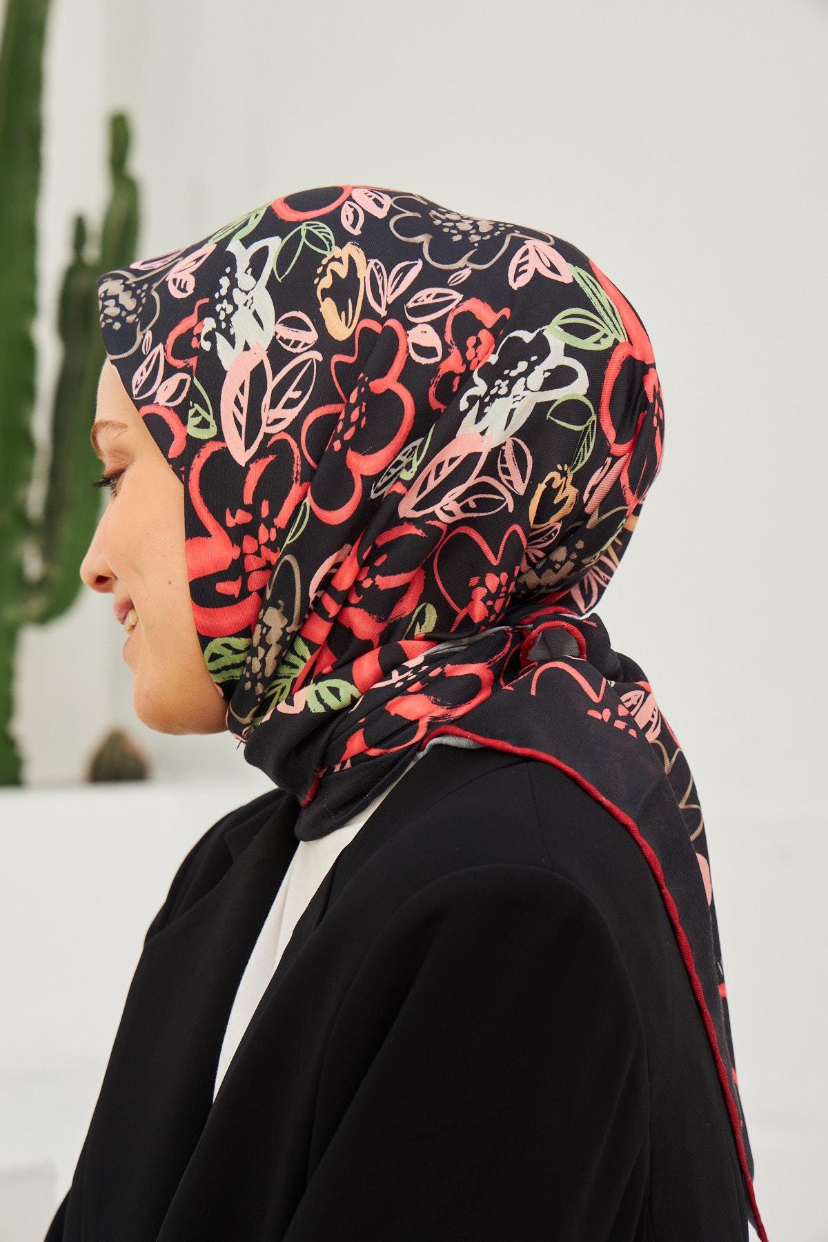 Pastel Desen Pamuk Viskon Eşarp Modeli Siyah Kırmızı 1104-20