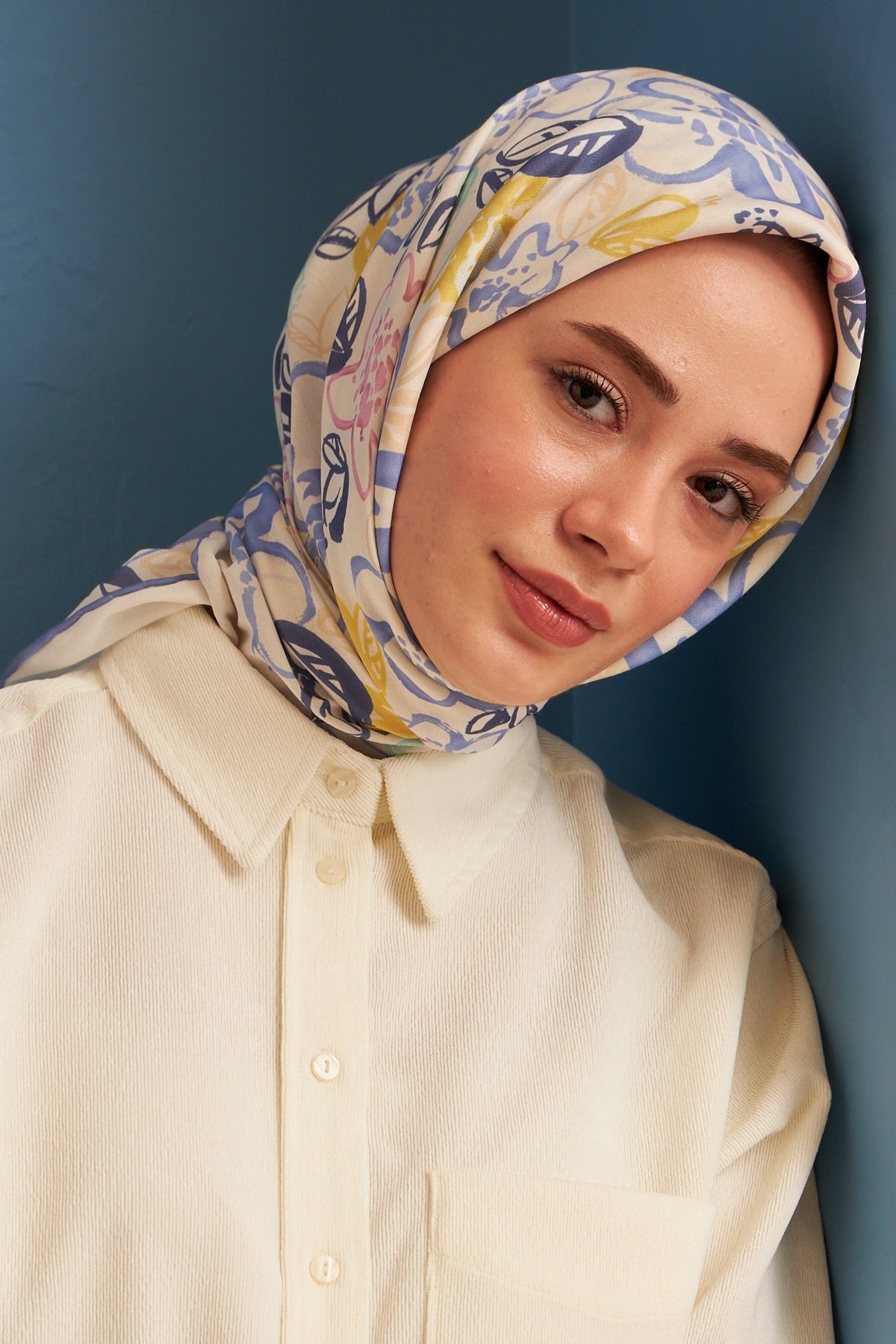 Pastel Ekru Lila Pamuk Viskon Eşarp Modeli
