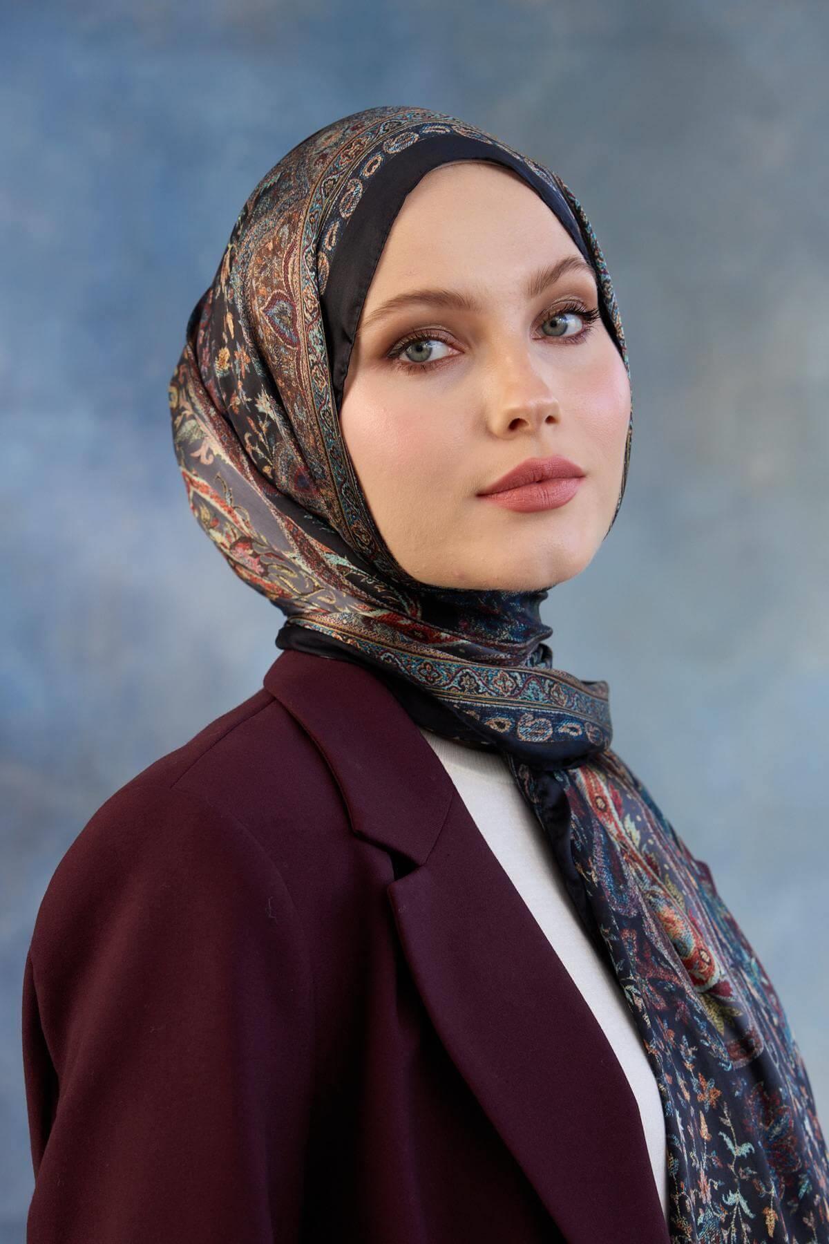 Siyah Bordo Hint Vual Şal -  5002-11