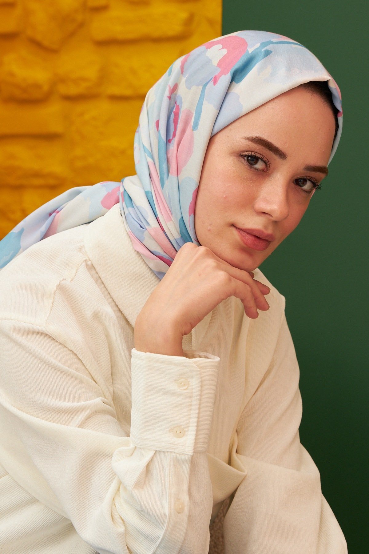 Sulu Boya Desenli  Pamuk Şal Bebe Mavi