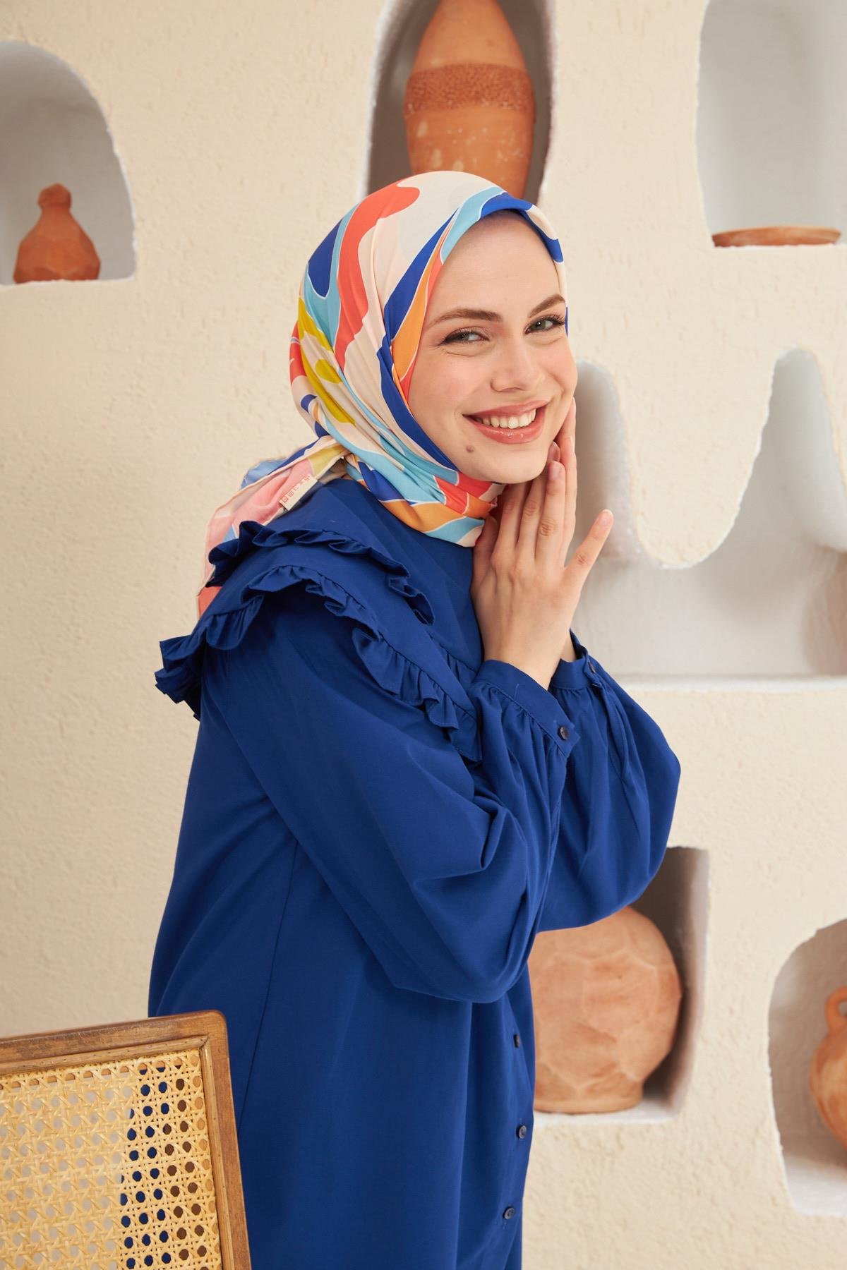 Yeni Twist Desen Pamuk Viskon Eşarp Turuncu Lacivert 1133-06