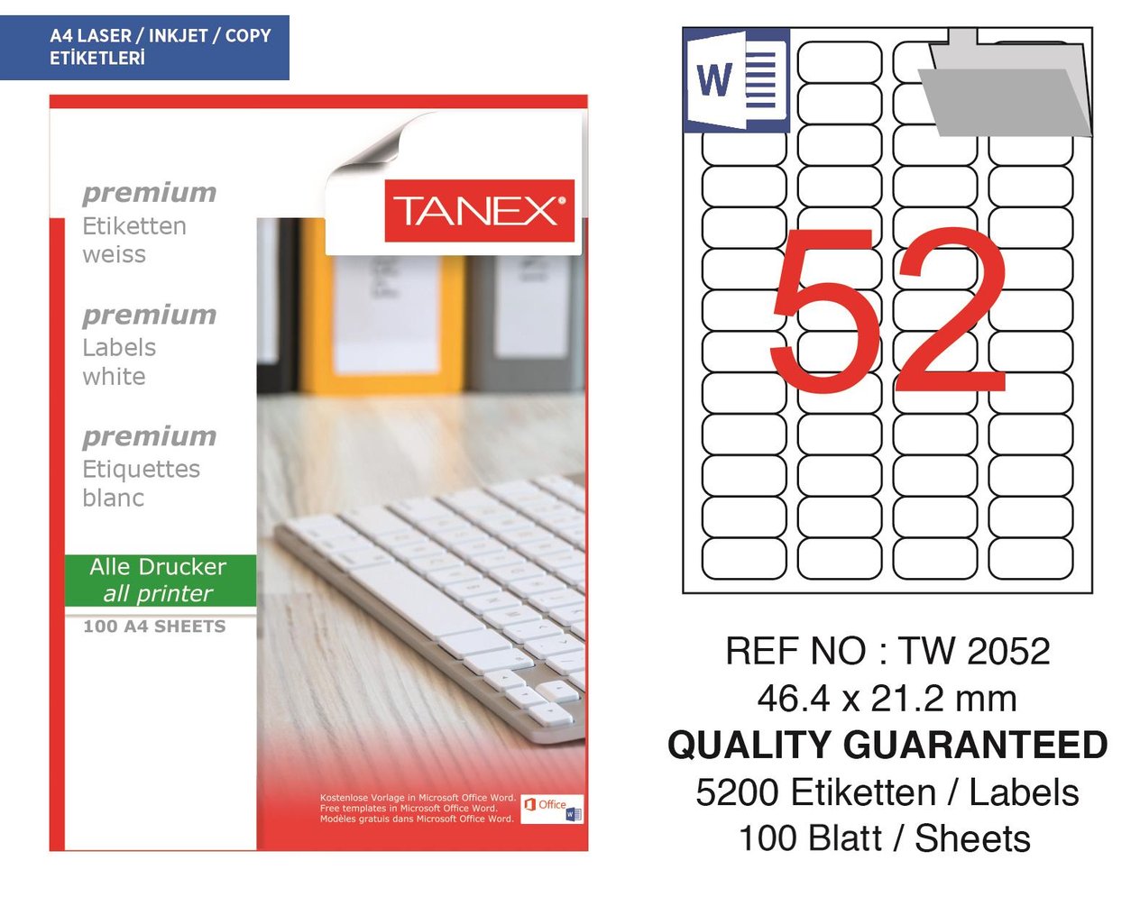 Tanex TW-2052 46,4x21,2 mm Lazer Etiket 100 Ad.
