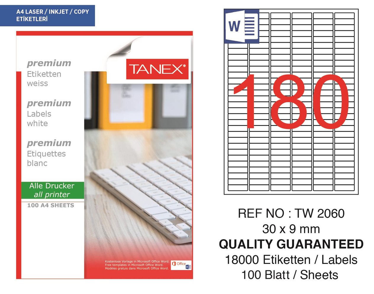Tanex TW-2060 30x9 mm Lazer Etiket 100 Ad.