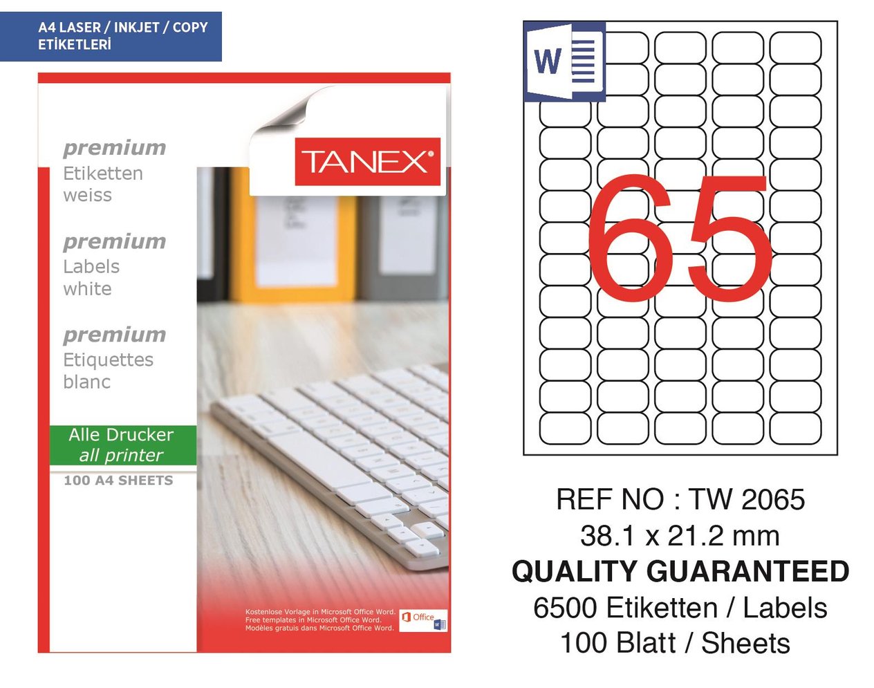 Tanex TW-2065 38,1x21,2 mm Lazer Etiket 100 Ad.