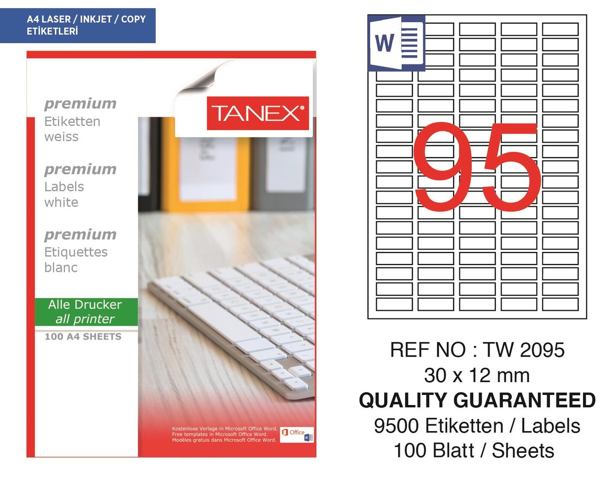 Tanex TW-2095 30x12 mm Lazer Etiket 100 Ad.