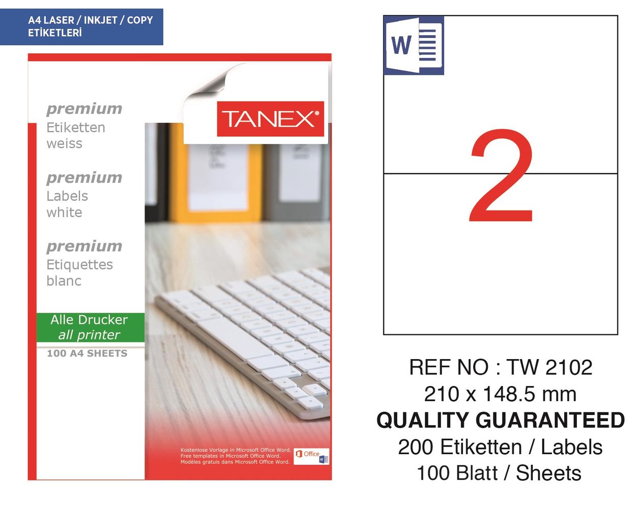 Tanex TW-2102 210x148,5 mm Lazer Etiket 100 Ad.