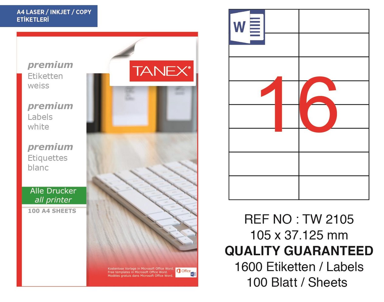 Tanex TW-2105 105x37,125 mm Lazer Etiket 100 Ad.