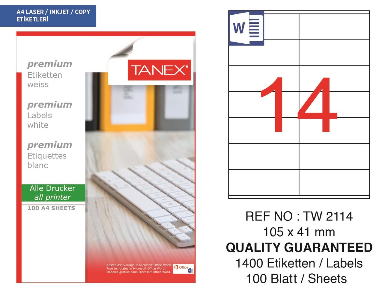 Tanex TW-2114 105x41 mm Lazer Etiket 100 Ad.