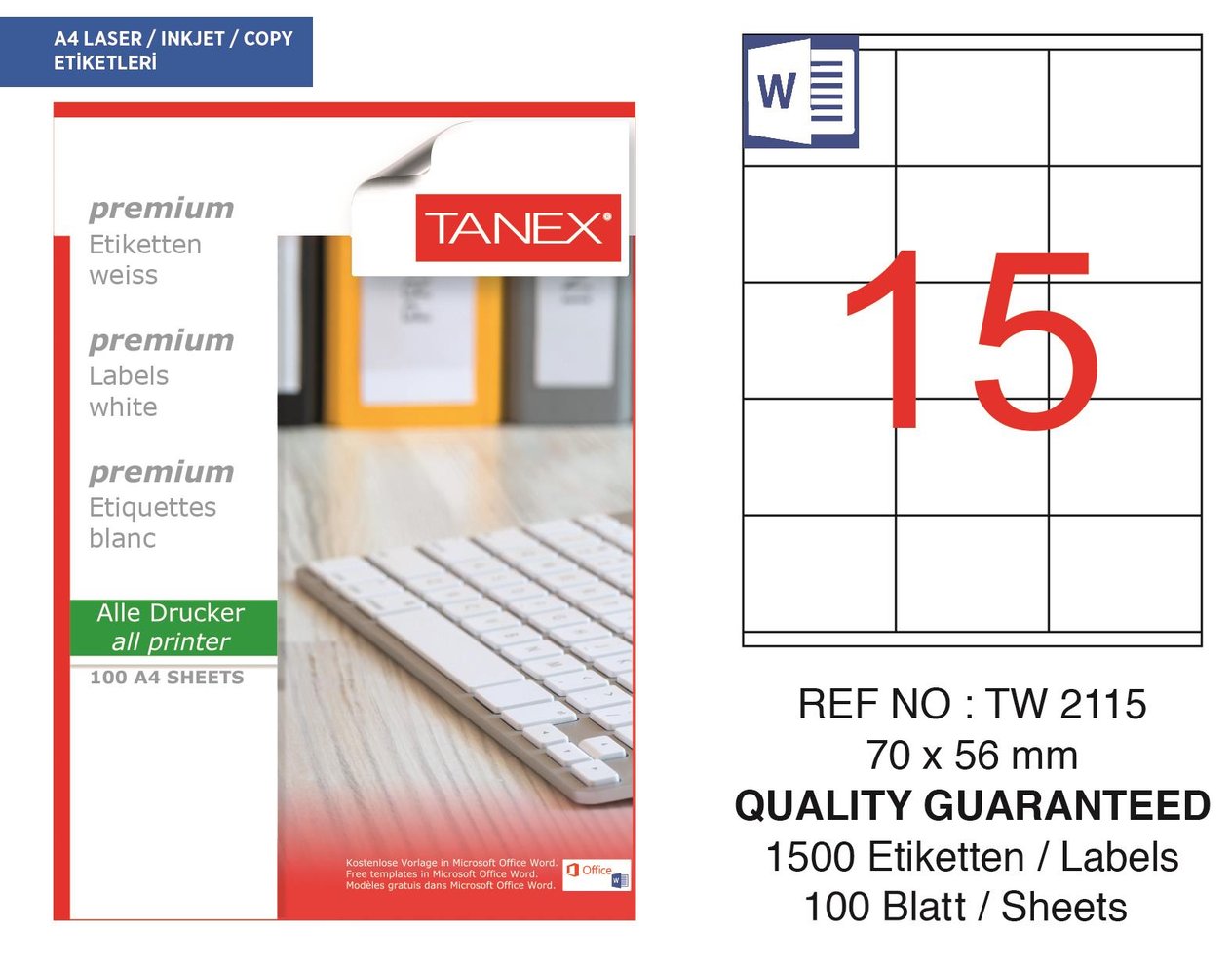 Tanex TW-2115 70x56 mm Lazer Etiket 100 Ad.