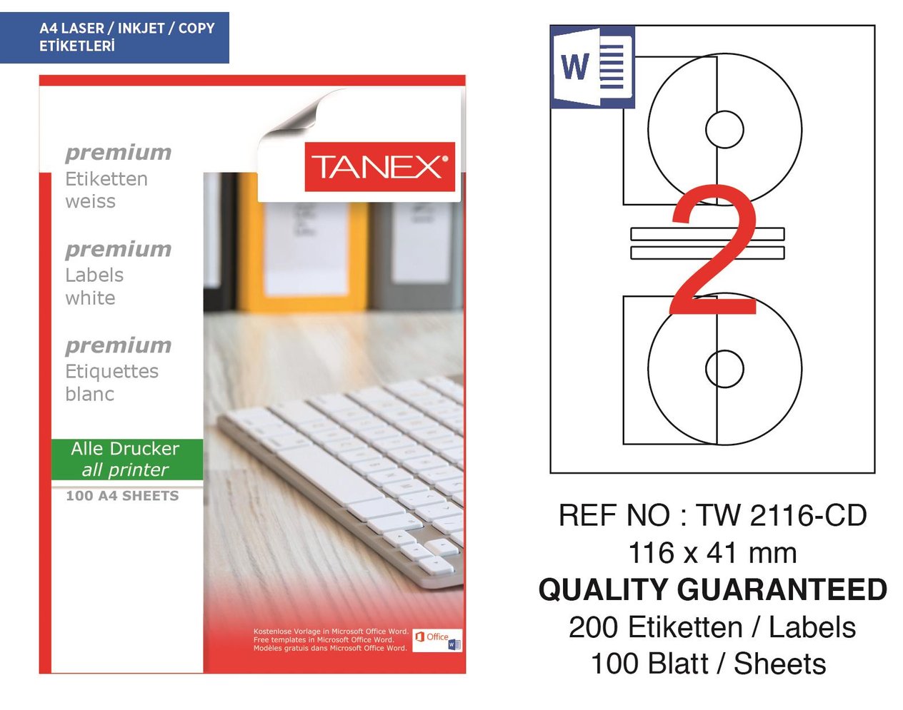 Tanex TW-2116-CD 116x41 mm Lazer Etiket 100 Ad.
