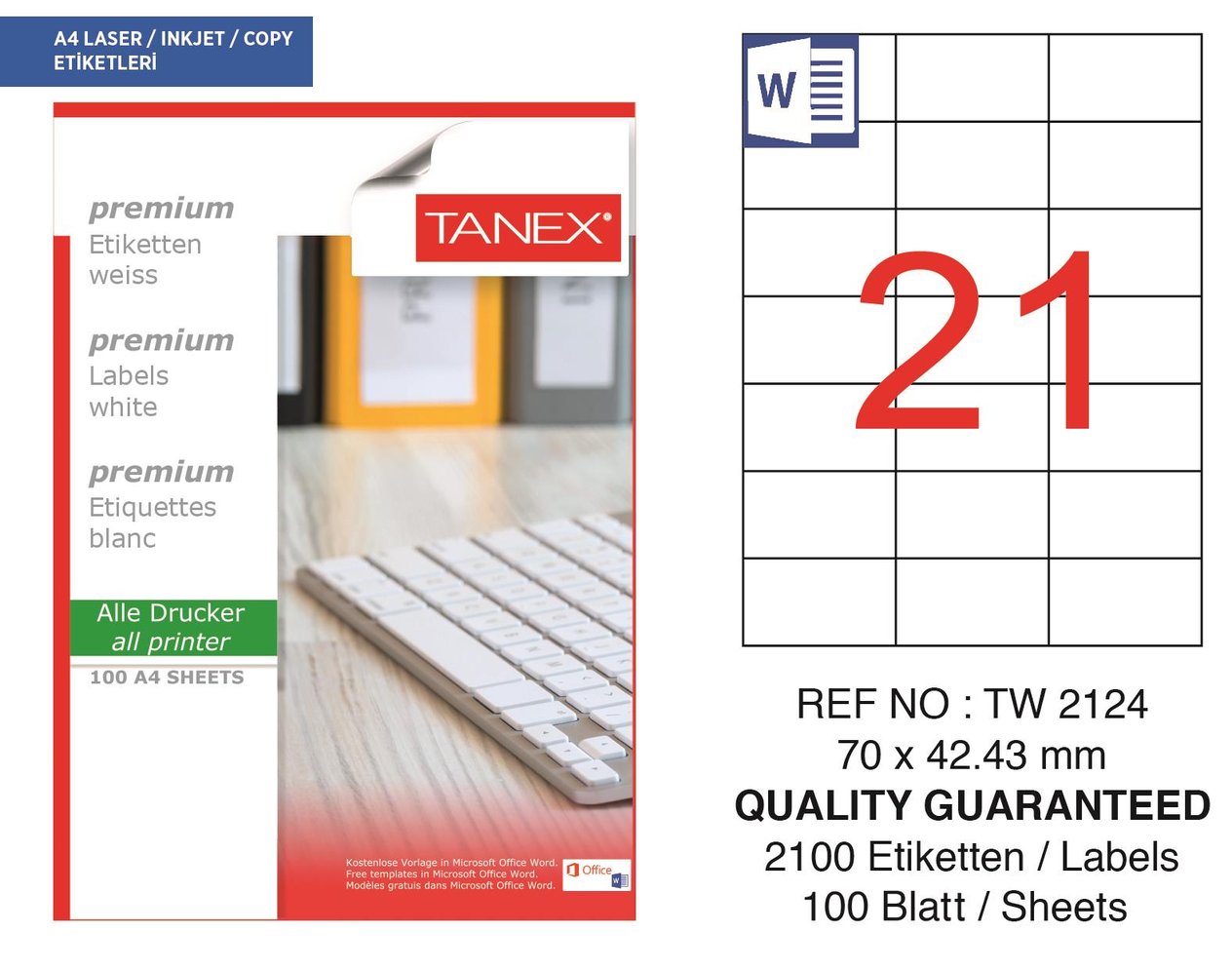 Tanex TW-2124 70x42,43 mm Lazer Etiket 100 Ad.