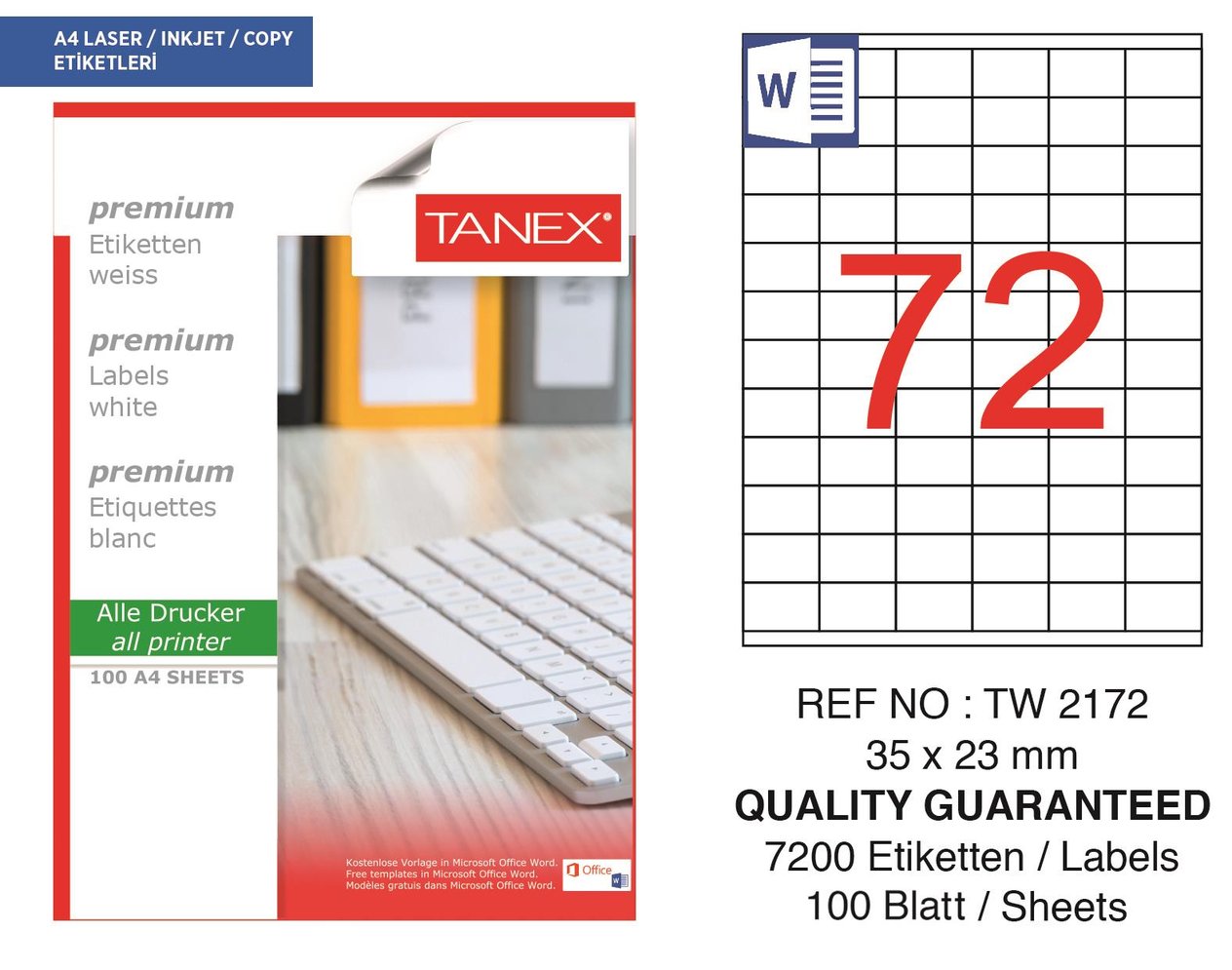 Tanex TW-2172 35x23 mm Lazer Etiket 100 Ad.