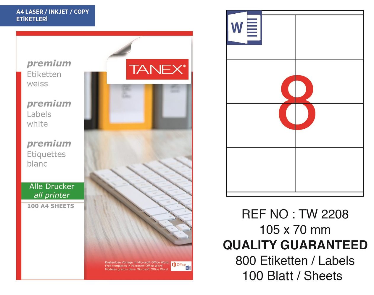 Tanex TW-2208 105x70 mm Lazer Etiket 100 Ad.