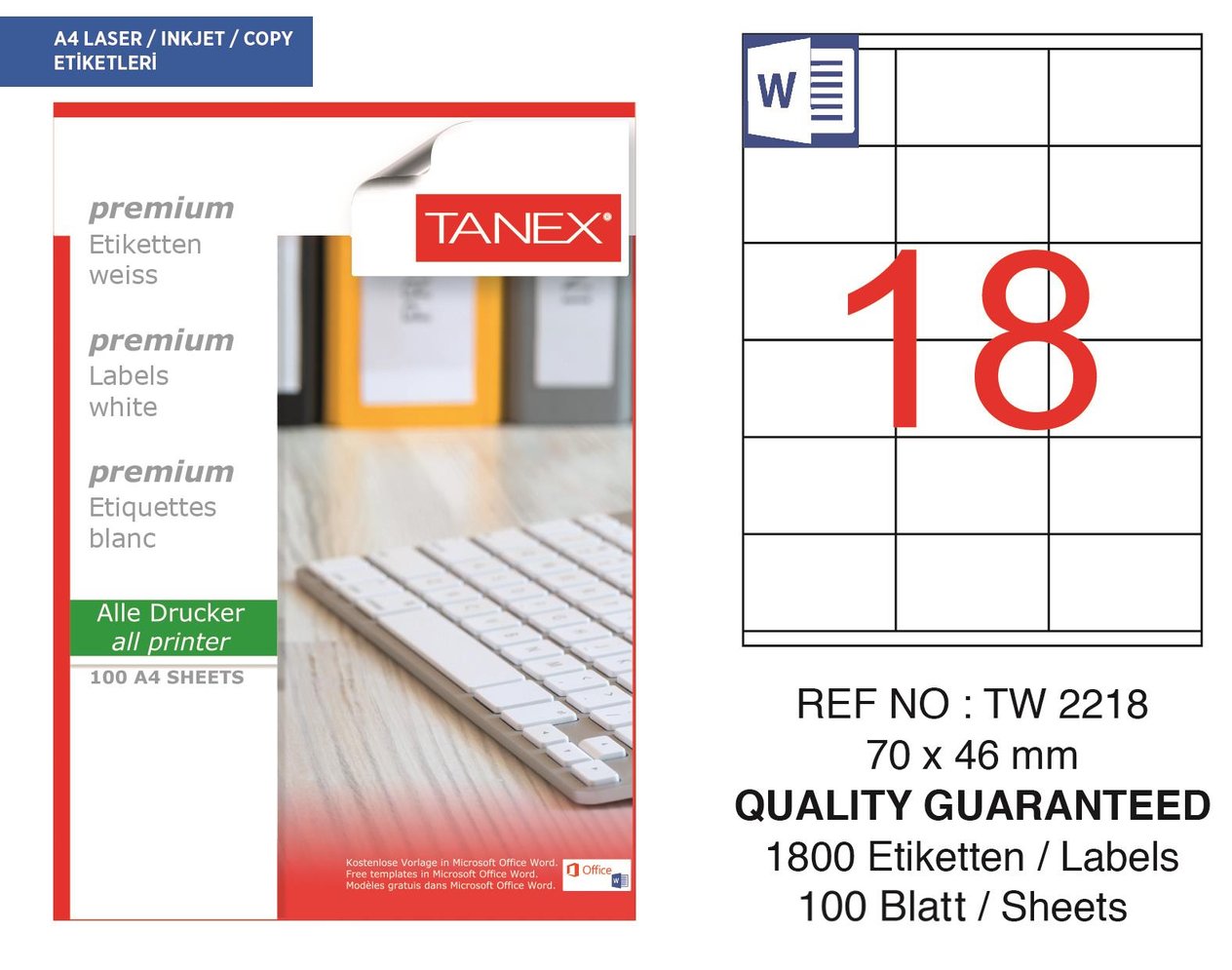Tanex TW-2218 70x46 mm Lazer Etiket 100 Ad.