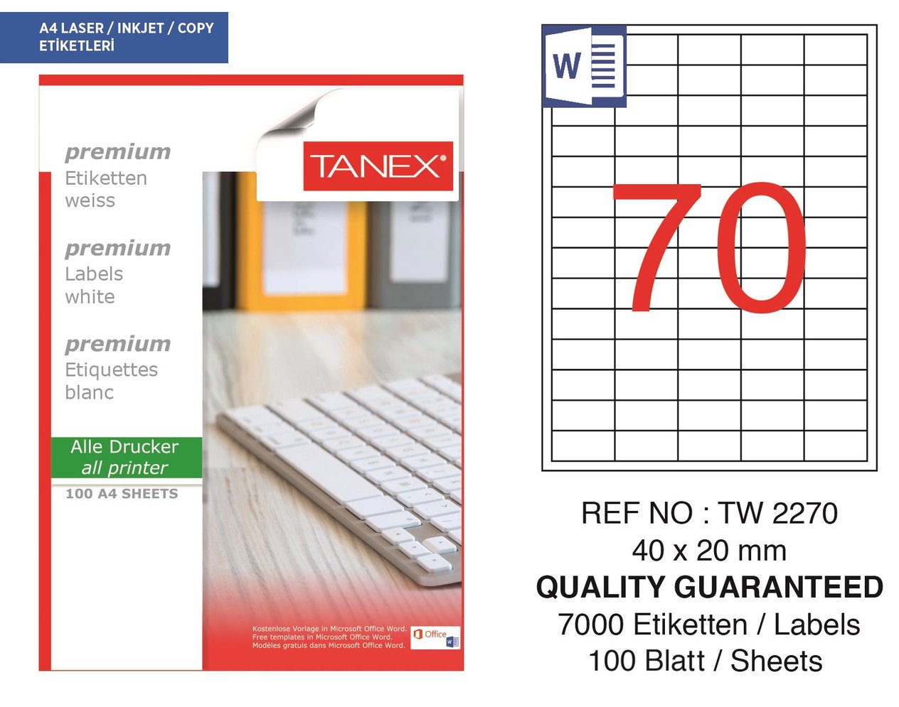 Tanex TW-2270 40x20 mm Lazer Etiket 100 Ad.