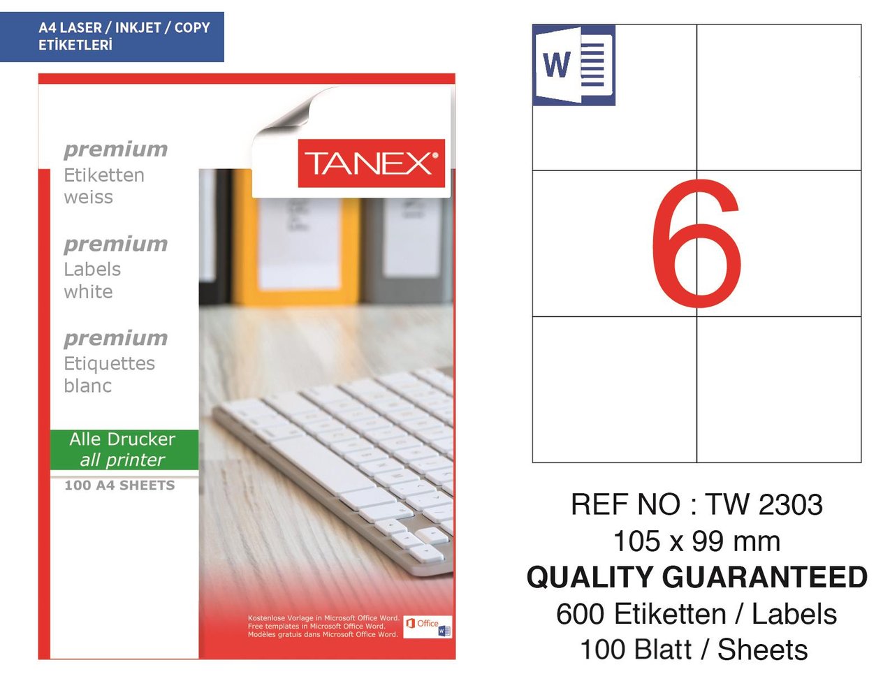 Tanex TW-2303 105x99 mm Lazer Etiket 100 Ad.