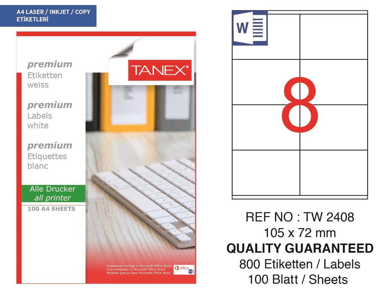 Tanex TW-2408 105x72 mm Lazer Etiket 100 Ad.