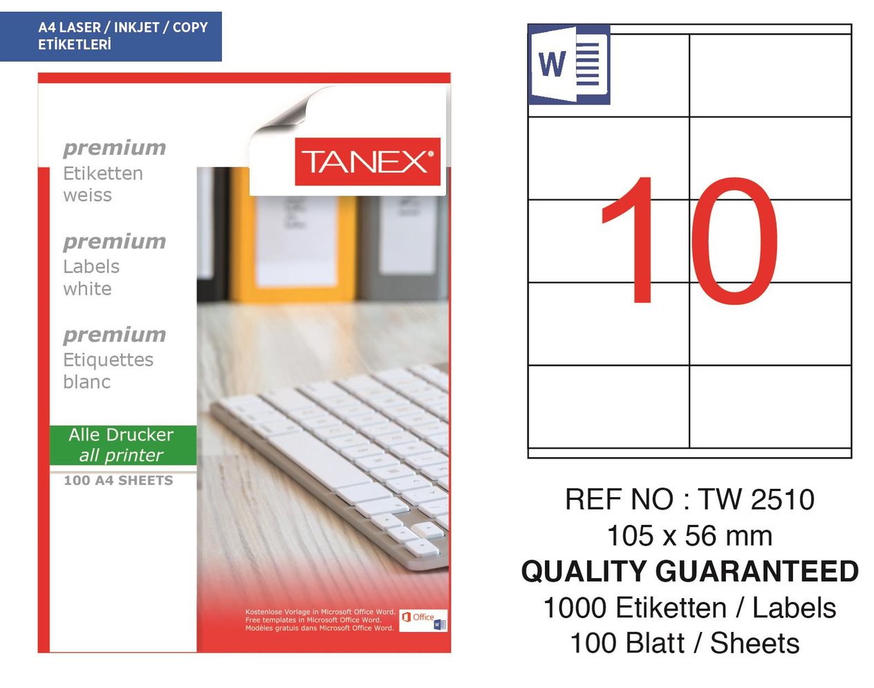Tanex TW-2510 105x56 mm Lazer Etiket 100 Ad.
