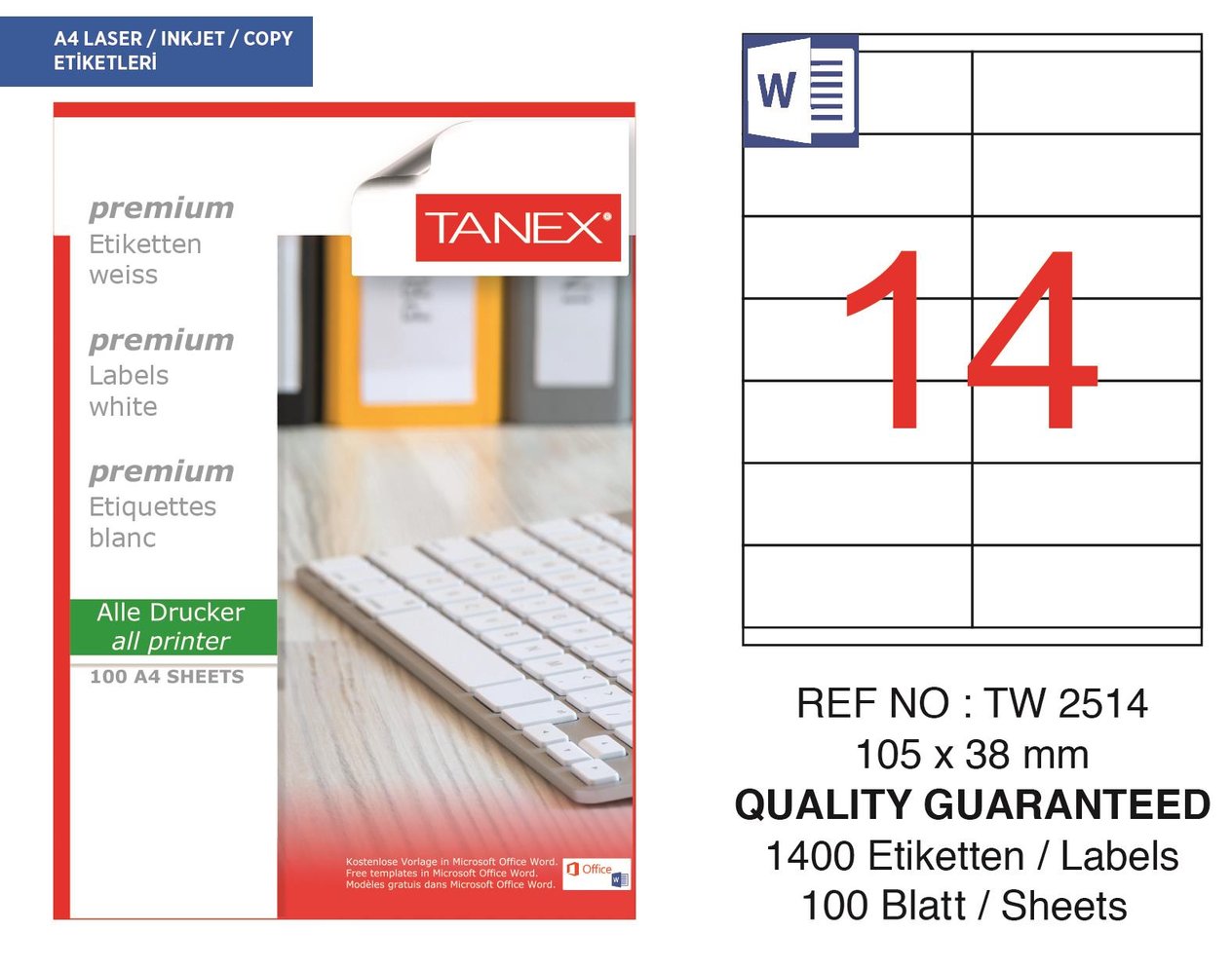 Tanex TW-2514 105x38 mm Lazer Etiket 100 Ad.