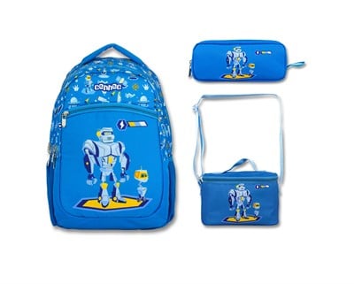 Famebag-Cennec Mavi Robot Baskılı Okul Sırt Çantası-Beslenme Çantası Kalem Çantası-2542
