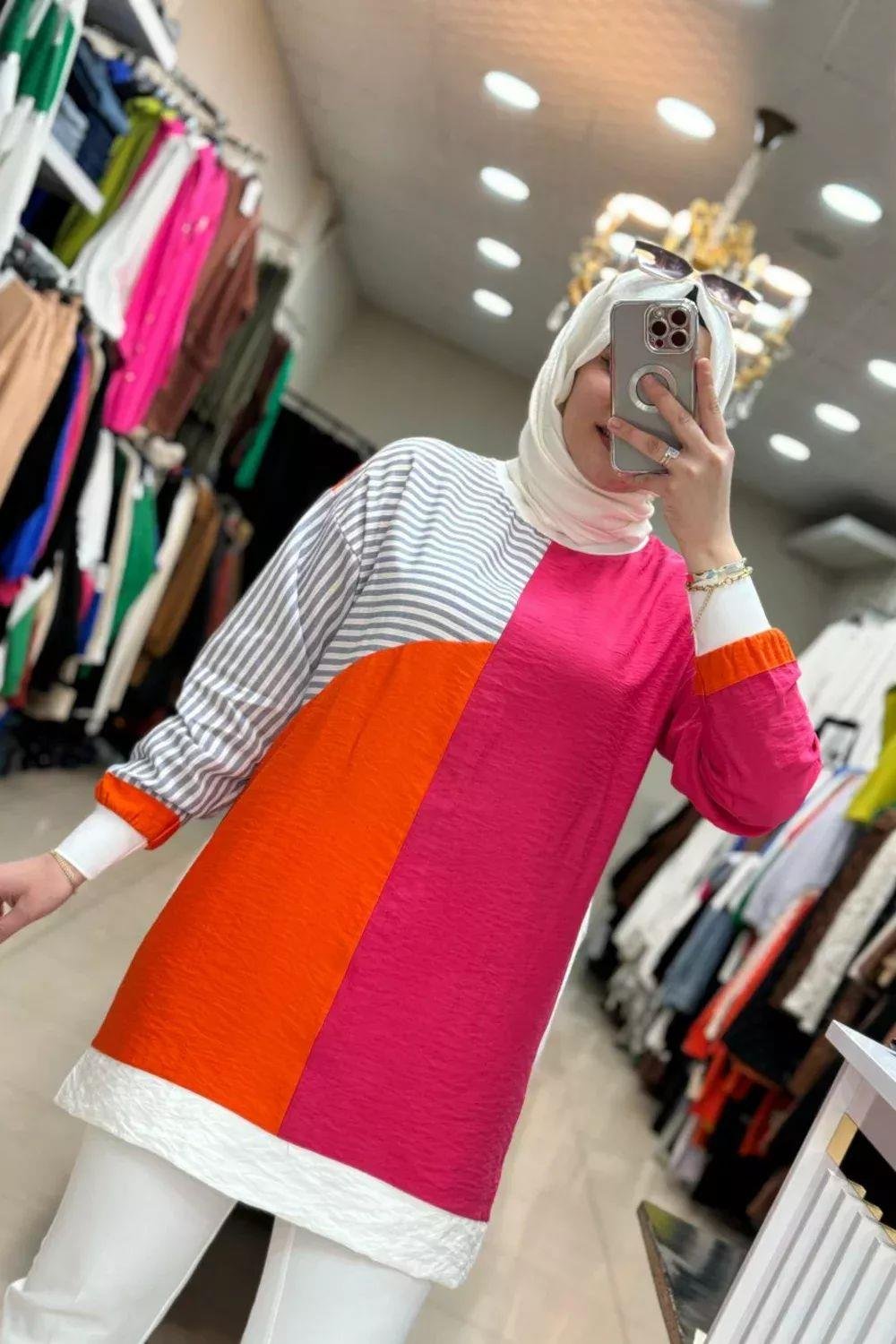 Çizgili Keten Tunik Pembe-Turuncu 