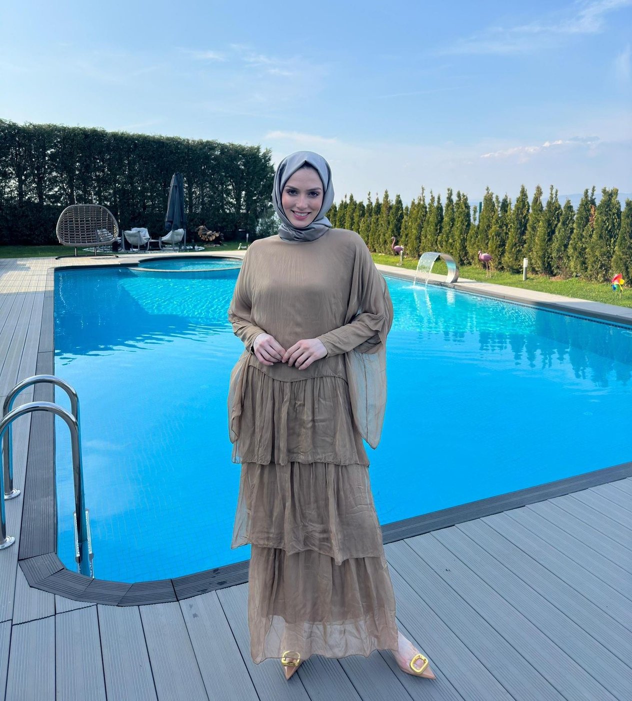 İthal İpek Elbise -Camel
