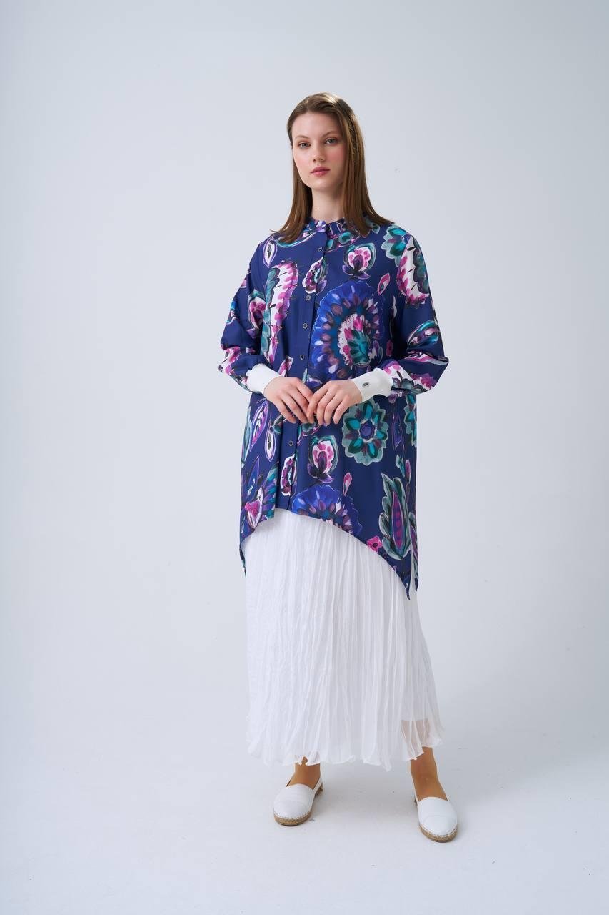 Jesica Krep Asimetrik Tunik - Lacivert