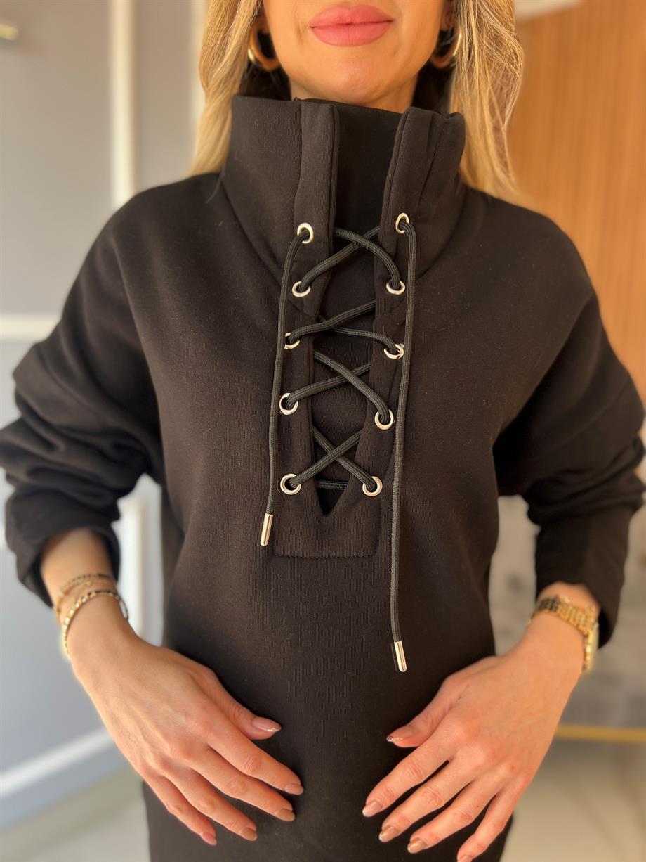 Bağcıklı Sweatshirt Siyah