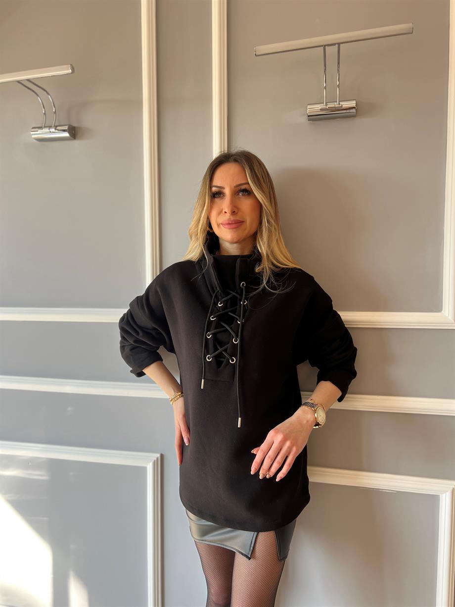 Bağcıklı Sweatshirt Siyah