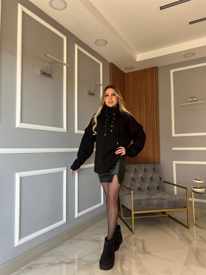 Bağcıklı Sweatshirt Siyah
