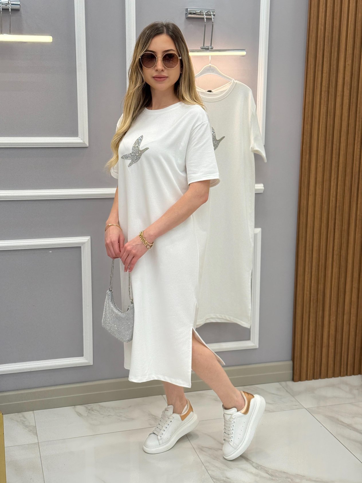 Bn Yandan Tek Yırtmaç 105 cm Elbise Beyaz