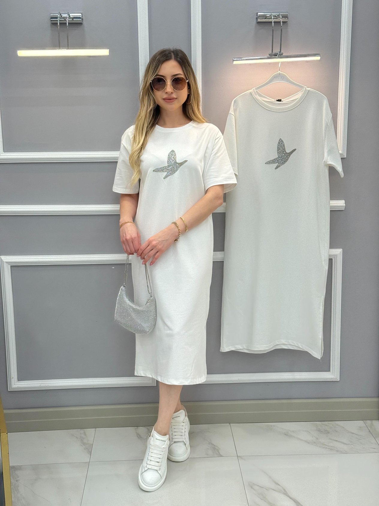 Bn Yandan Tek Yırtmaç 105 cm Elbise Beyaz