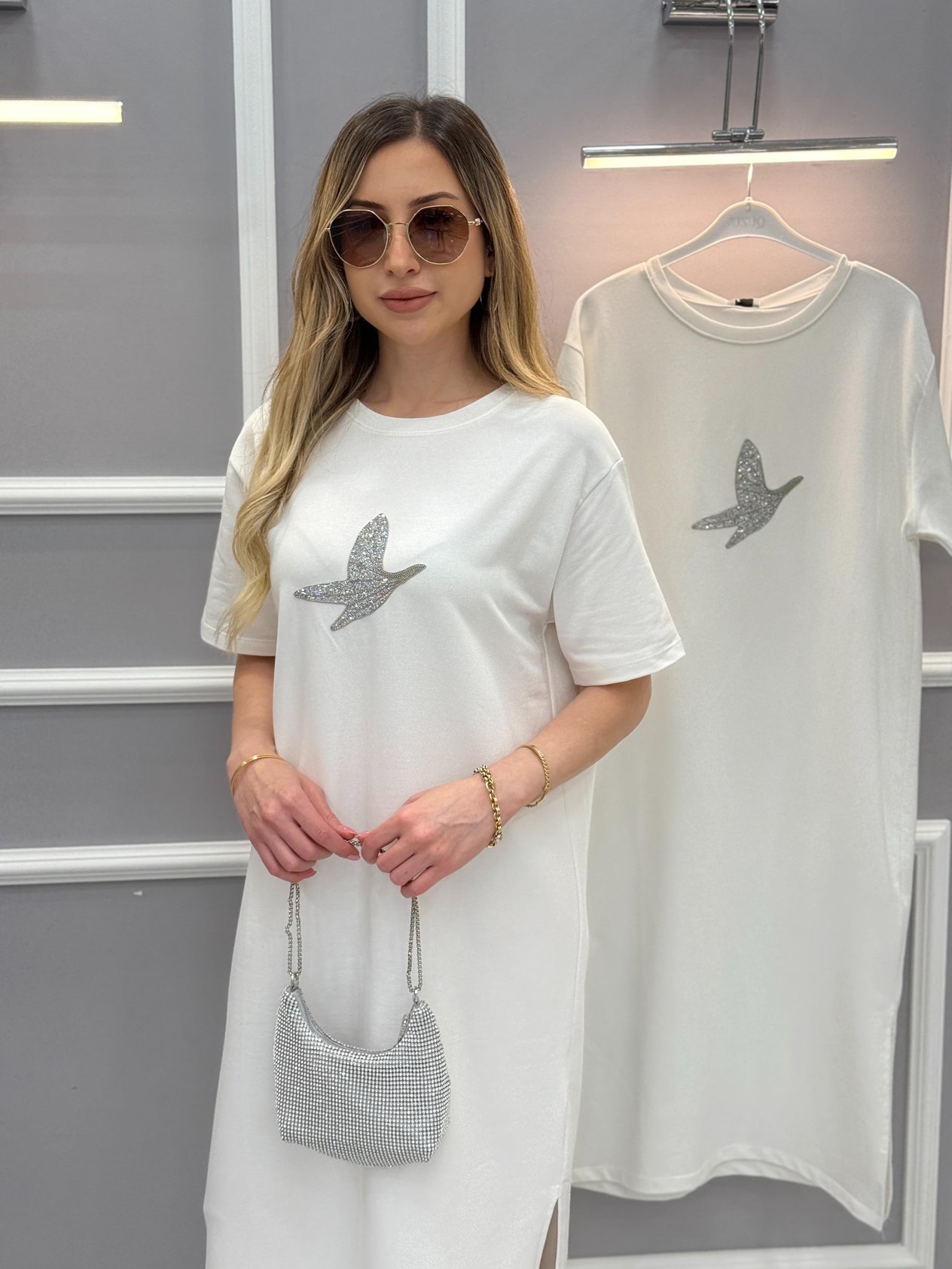 Bn Yandan Tek Yırtmaç 105 cm Elbise Beyaz