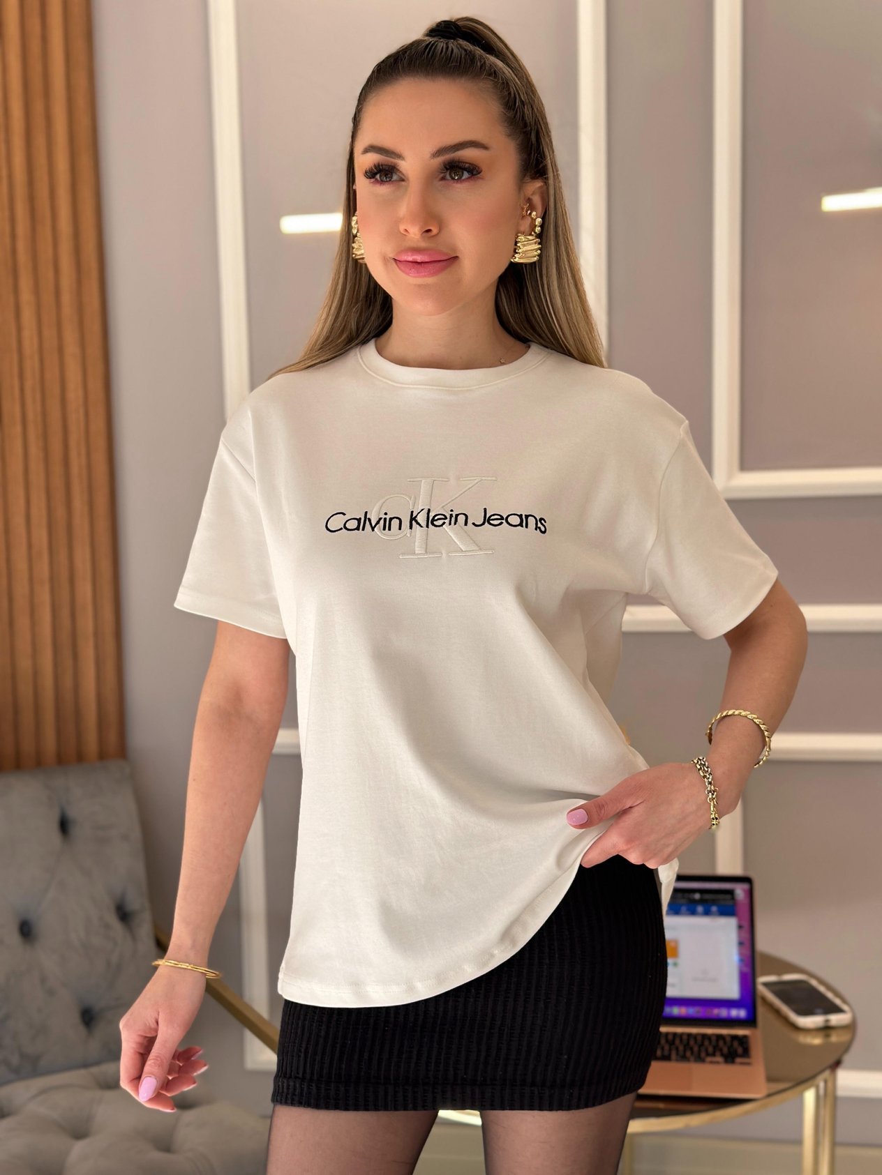 Cnk T-shirt Nakış Yazılı Beyaz