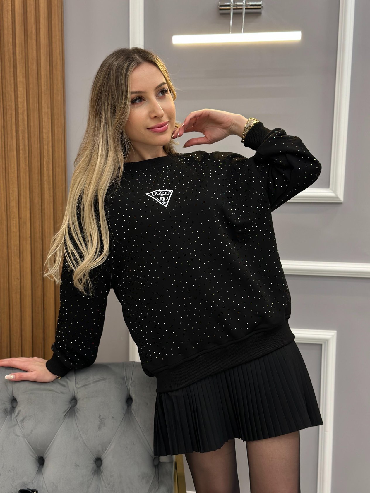 Gu Sweatshirt Serpme Taşlı Siyah