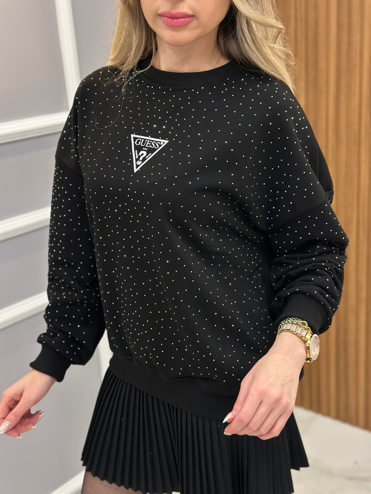 Gu Sweatshirt Serpme Taşlı Siyah