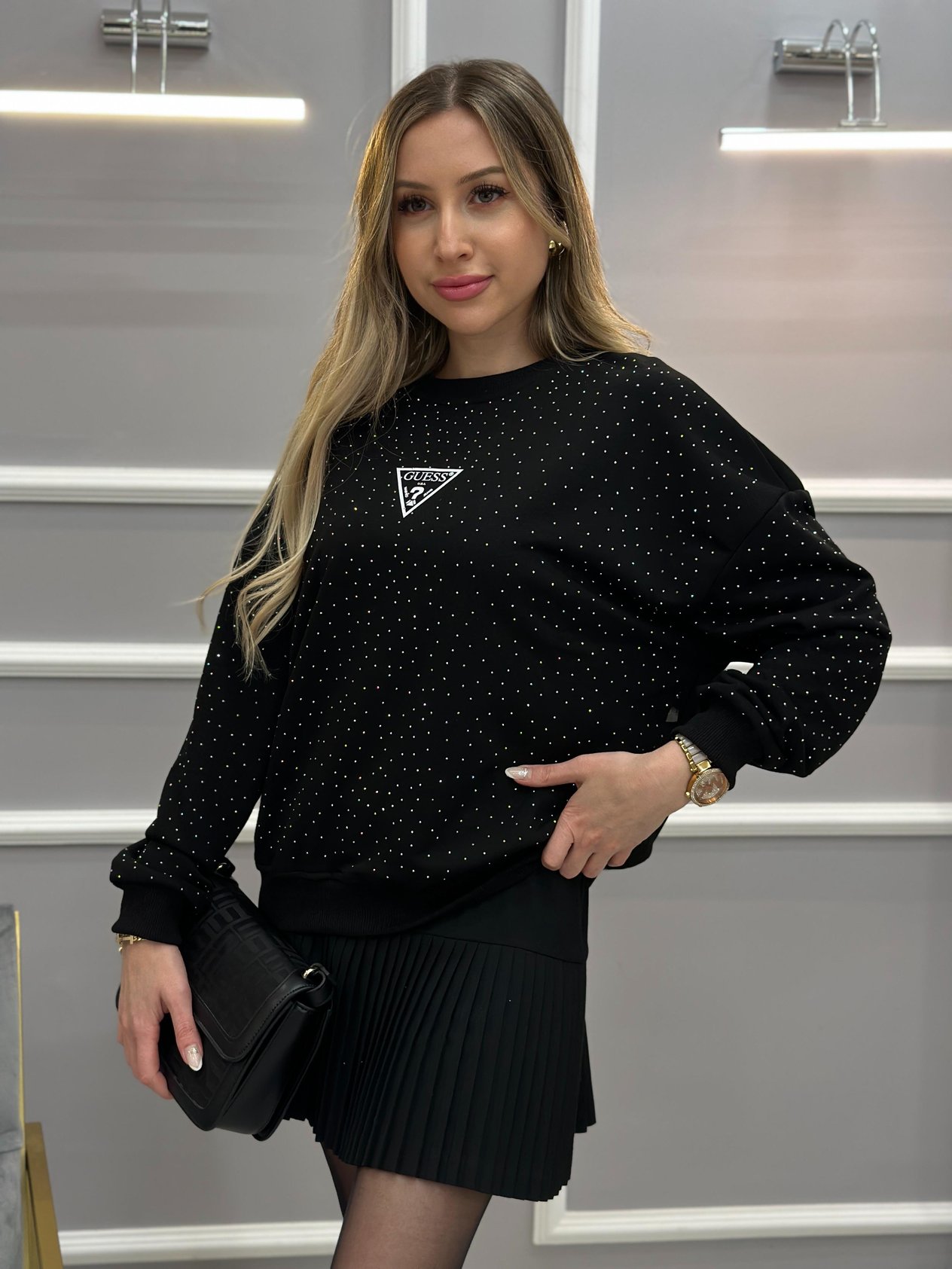 Gu Sweatshirt Serpme Taşlı Siyah