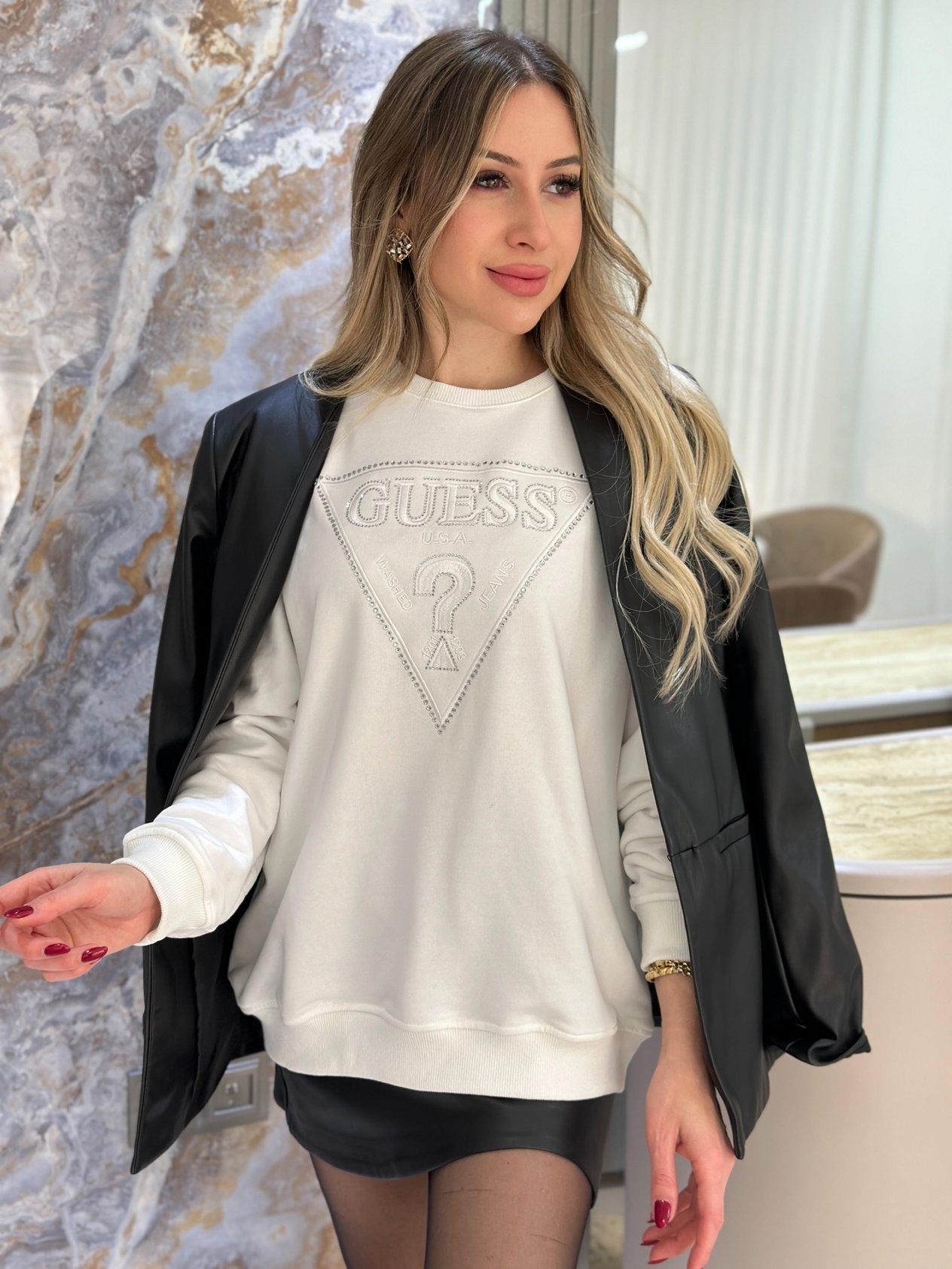Gu Sweatshirt Taşlı Nakışlı Yazı Detaylı Ekru