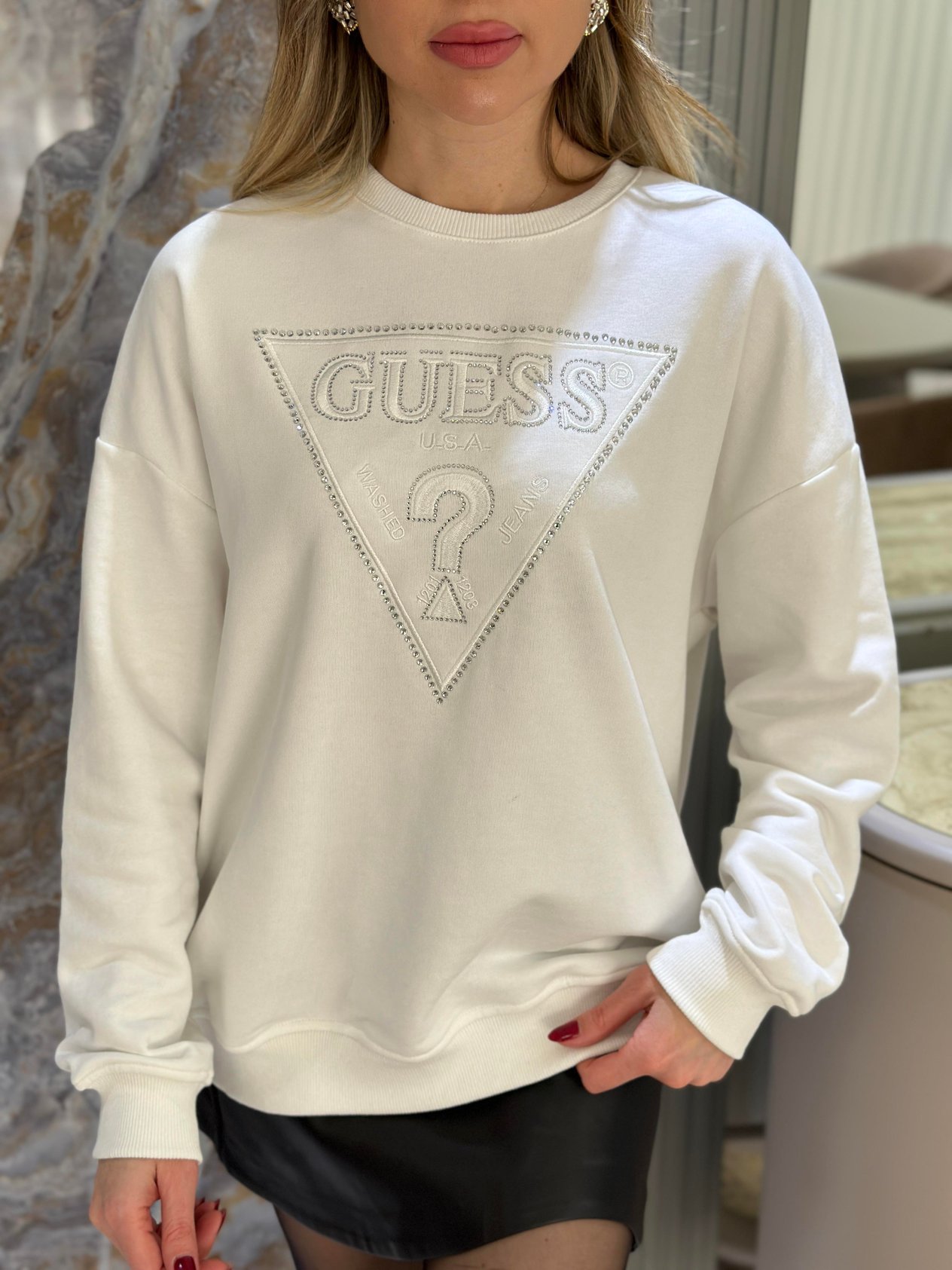 Gu Sweatshirt Taşlı Nakışlı Yazı Detaylı Ekru