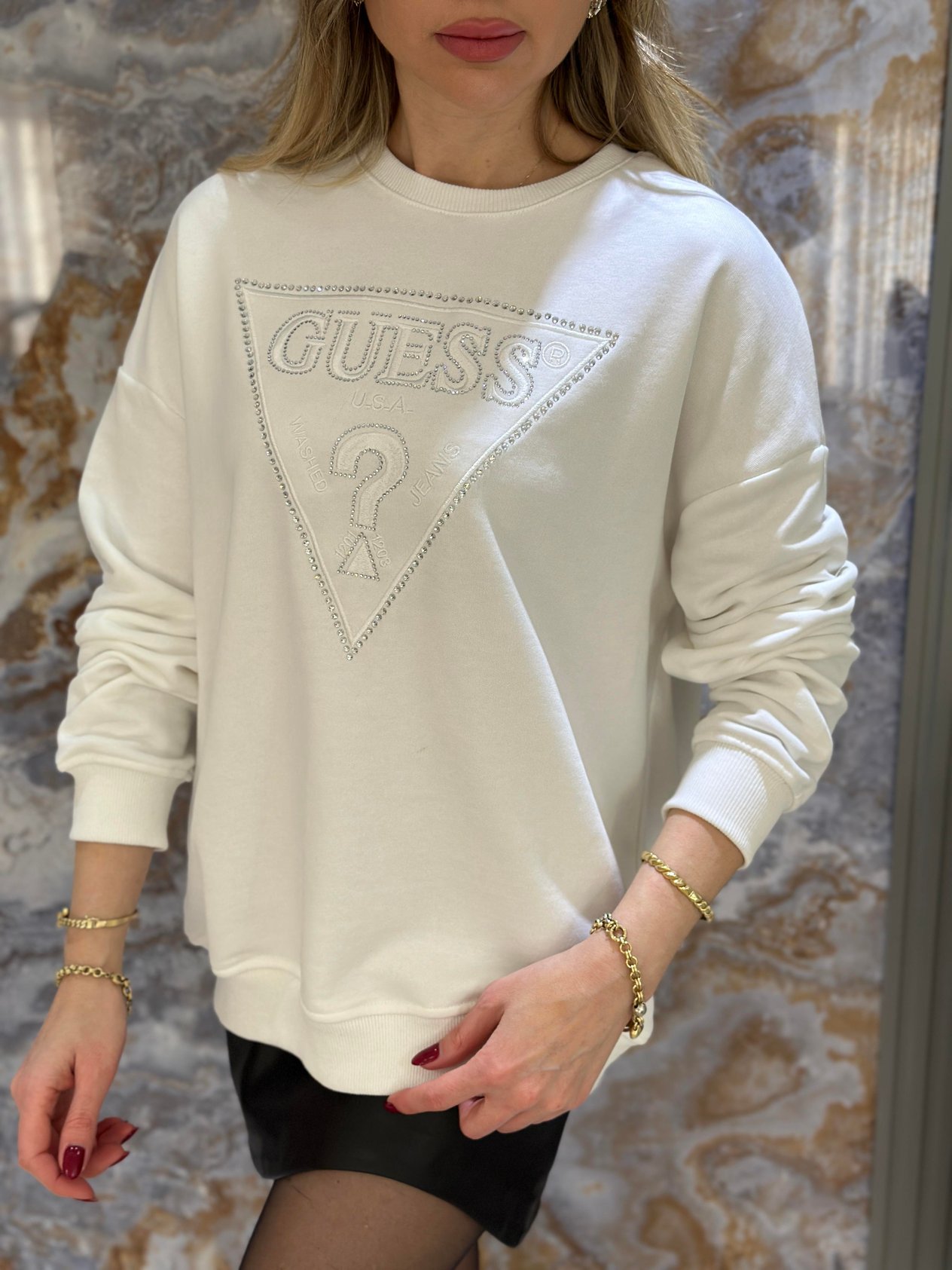 Gu Sweatshirt Taşlı Nakışlı Yazı Detaylı Ekru