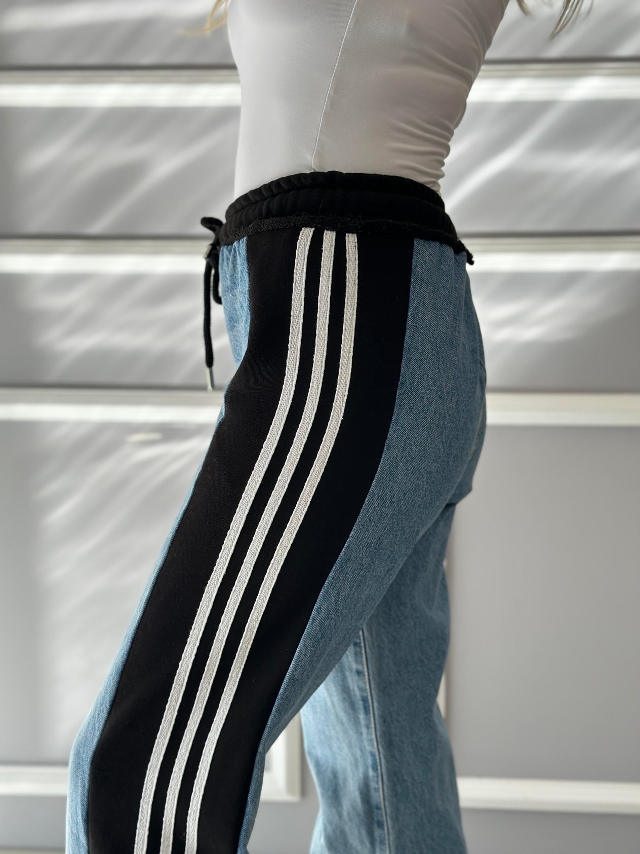 Jeans Beli Lastikli Palazzo Yandan Şeritli Mavi